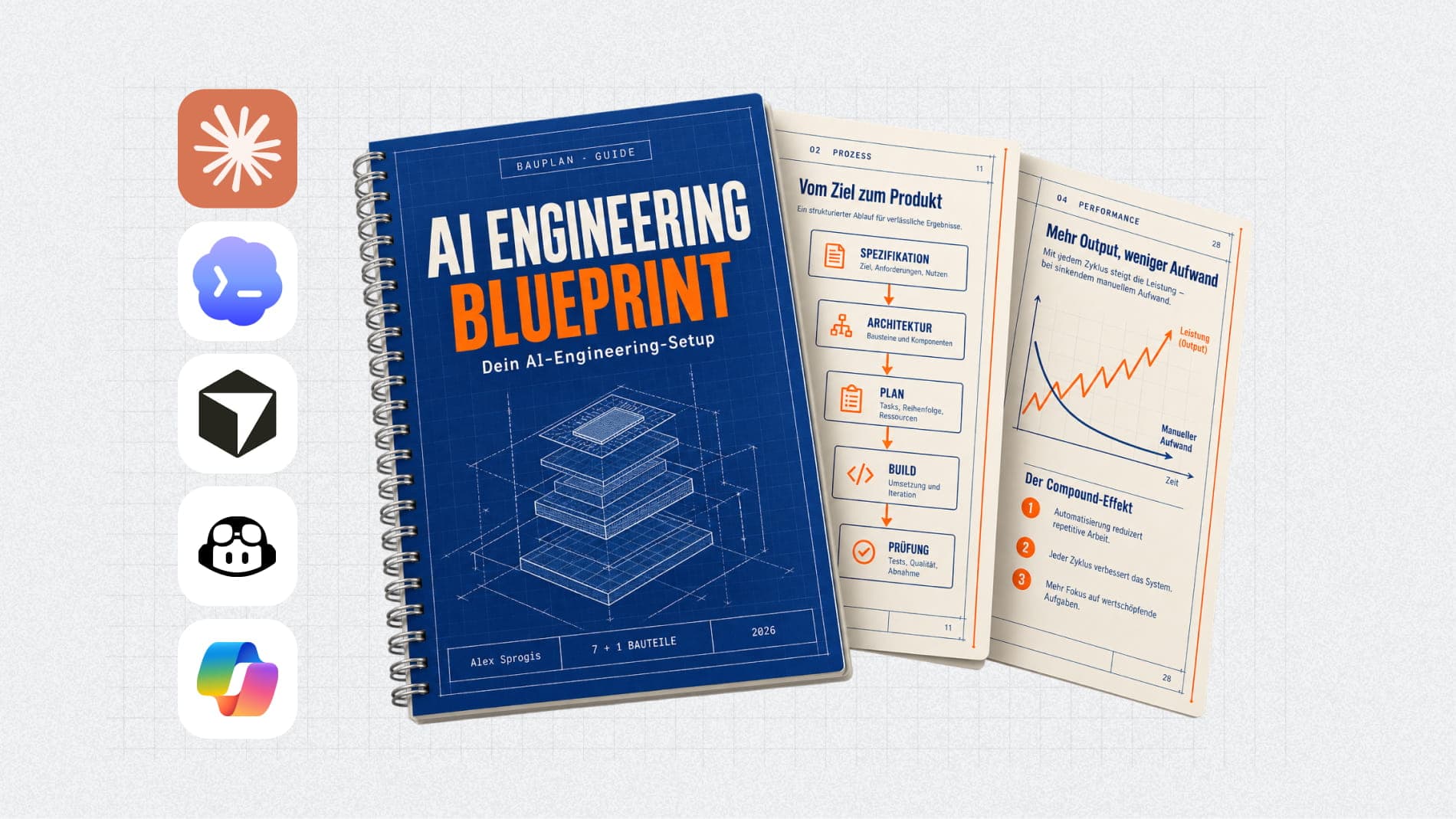 AI Engineering Blueprint: ein blaues Ringbuch mit Bauplan-Cover, daneben zwei aufgeschlagene Seiten und die Logos mehrerer Coding Agents
